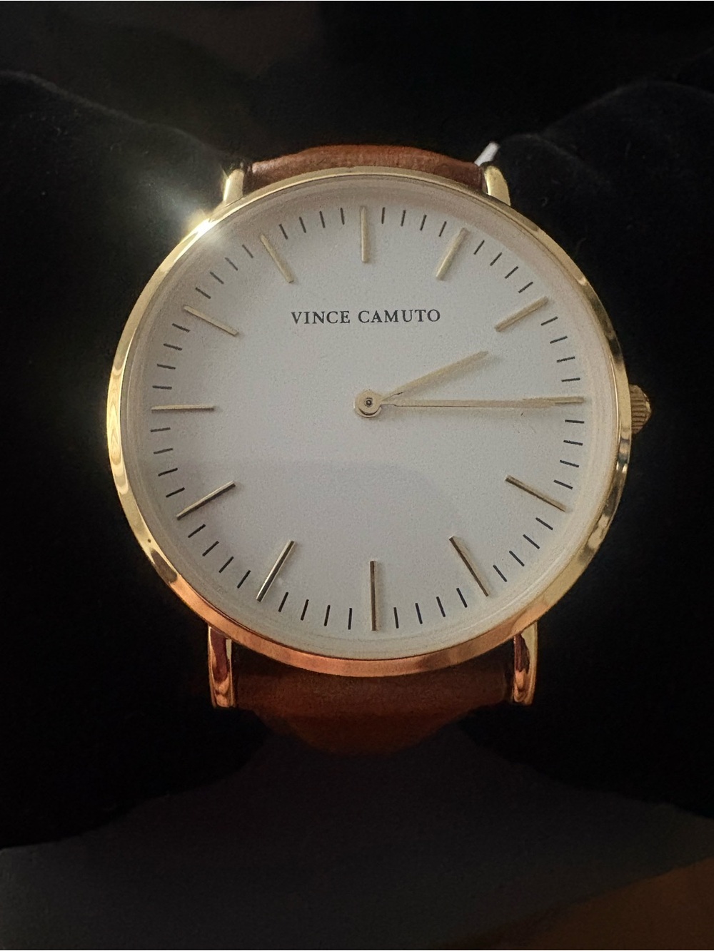 Vince Camuto Gold-Tone Case White Dial Brown Leather Strap Watch